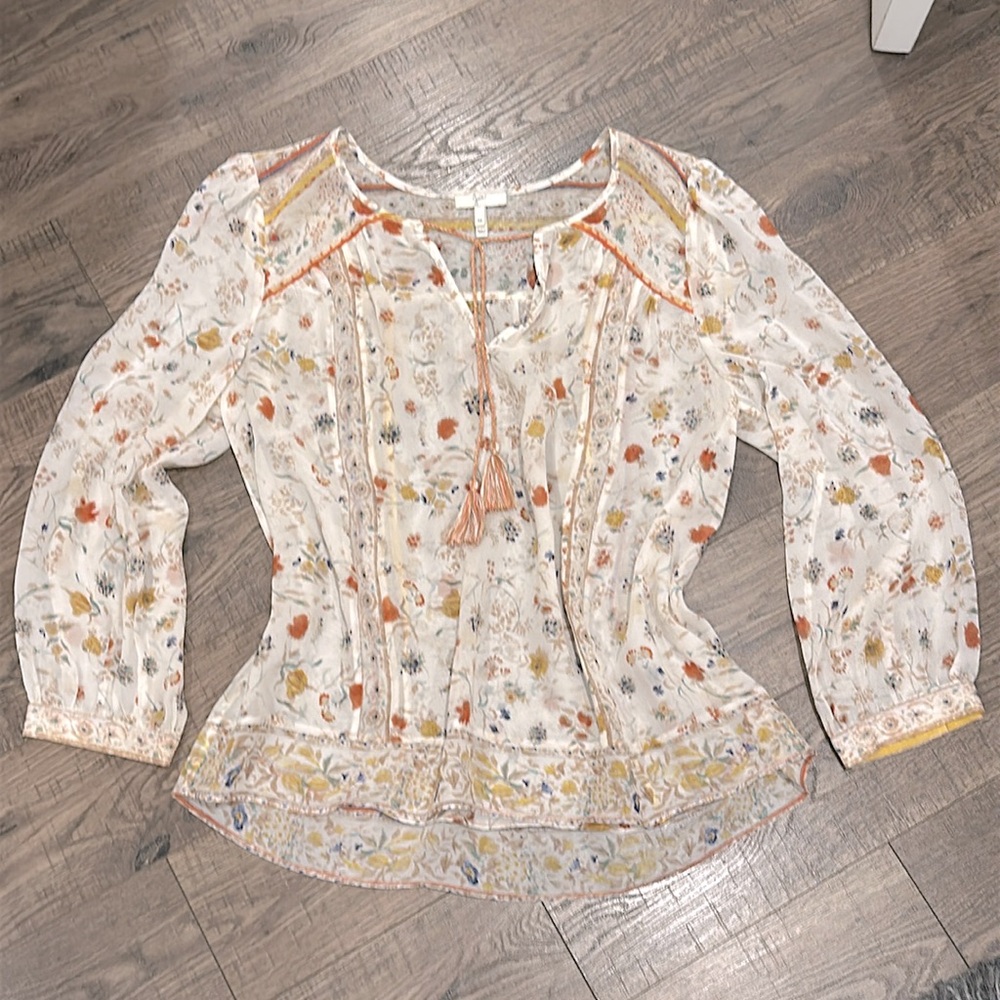 JOIE Flowing Semi-sheer Floral Print Women's Top w Tassle Tie
